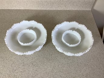 2 Fenton White Milk Glass Candle Chip Dish Hobnail
