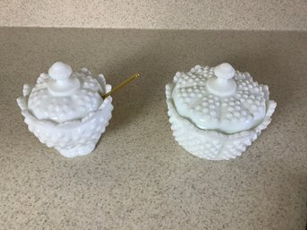 2 Fenton White Milk Glass Candy Dish And Suger Bowl Hobnail