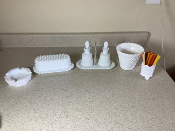 5 Pieces Of White Milk Glass Hobnail
