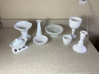 8 Pieces Of White Milk Glass