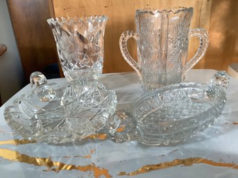 Chrystal Vase, Nut Dish And Hors Doeuvres Dish