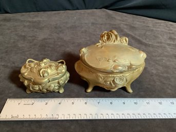 2 Antique Gold Tone Footed Metal Trinket  Jewelry Casket Victorian Art Nouveau Lot 1