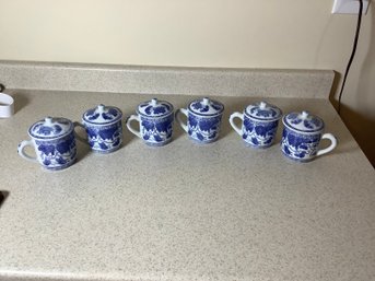 6 Vintage Chinese Blue And White Porcelain Tea Cup With Lid