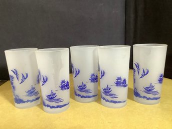 Vintage Hazel Atlas Blue Willow Frosted Glasses
