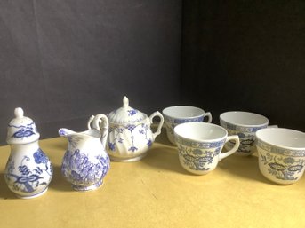 Blue & White Sugar Bowl, Cream Sugar & Shaker