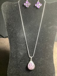 NEW Marked 925- On Chain W/ Charoite Pear Shaped Stone- A Healing Stone Earrings