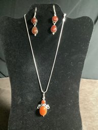 Marked 925- New- CarnelianChain, Pendant & Earrings Set