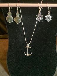 New 925  Marked Anchor & Chain Plus 2 Pair Of 925 Earrings