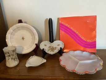 New -Anchor Hocking Divided Dish, Gold Accented Vase & Serving Dishes