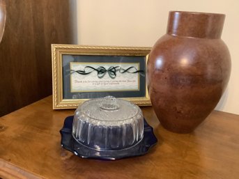 Cobalt Blue Imperial Glass Lidded Dish  & Alabaster Vase MCM