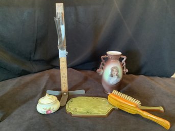 Antique Portrait Vase, Wood Grain Brush & Celluloid Mirror & More