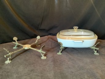 Antique 2 Brass Adjustable Trivets(Read Description) & Covered Corning Ware Casserole