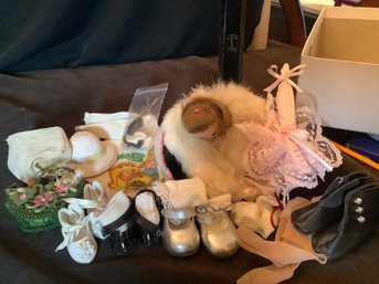 Cabbage Patch Doll Bib, Doll Necklace, 4 Pr Doll Shoes, Real Fur Stole For A Doll & More