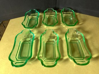 6 Green Vaseline Glass Dishes