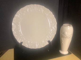 Large Lenox  Georgian Cake Plate And Rose Blossom Vase
