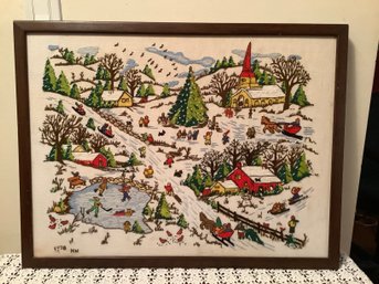 Winter Scene Crewl / Needle Point Framed Wall