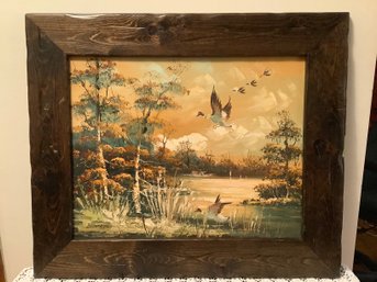 Framed Oil Painting Pond Landscape With Ducks