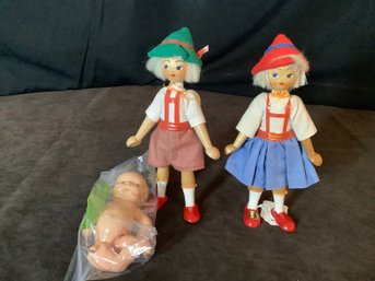 Vintage Pair Wood Dolls & Celluloid Kewpie Doll-see Description