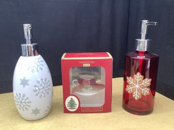Spode Christmas Tree Cup Ornament, & Soap & Lotion Dispensers