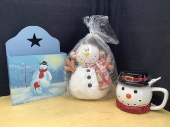 Snowman Decor W/ Snowman Mailbox, Hand Painted Mug & More
