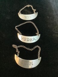 3 Vintage Sterling Silver Bottle Tags Rye, Vodka, Rum