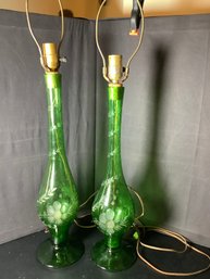 Vintage Hand Blown Green Glass Lamps With Cut Floral Design