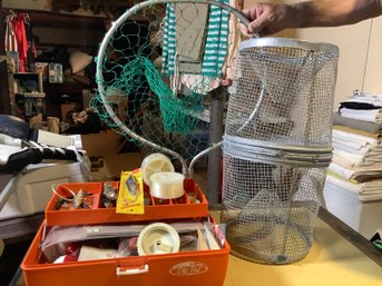 Fishing Tackle Box, Minnow Trap & Net