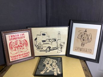 4 Pc Framed Wood Scroll Art Signed WJ