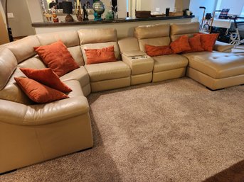 UPDATED INFO: Leather Sectional Sofa - 6 Pieces, Corner, Recliner, Cup Holders, Throw Pillows, Camel Colored -