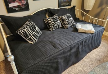 White Metal Day Bed With Twin Size Trundle & 2 Sets Sheets, Bedspread, Decorative Pillows Black White Theme