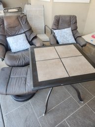 2 Leather Chairs With Ottomans, 2 Patio Chairs, Table With Ceramic Tile Top & Leather Cleaner