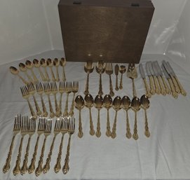 International Silver Gold Plated Silverware Flatware W/ Wooden Case