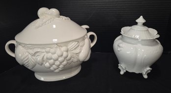 VTG Over & Back White Ceramic Soup Tureen W/ Ladle & Lid, Lidded Canister