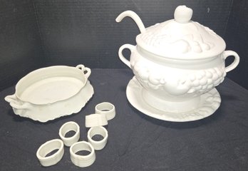 Japan White Ceramic Soup Tureen W/ Embossed Fruit & Ladle, Napkin Rings & Oval Haviland France Serving Dish
