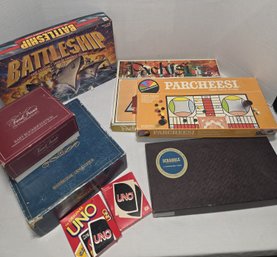 6 Board Games, VTG Scrabble Battleship Pachisi & Uno Cards