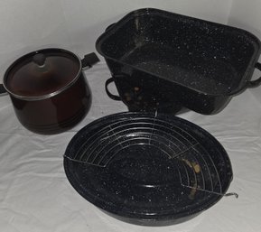 VTG Cookware- Blue Speckled Enamelware Roaster & Pan