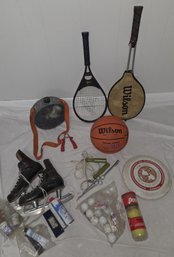 Sports Lot: Tennis Racquets VTG Ice Skates, Basketball, Canteen