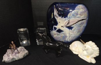 For The Unicorn Lover: Mixed Lot-Blown Glass On Amethyst Geode,  Vase, Ceramic Porcelain Figurines