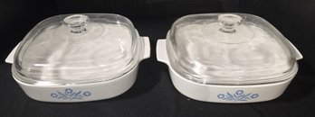 2 Blue Cornflower Corning Pyrex Baking Lidded Casserole Dishes
