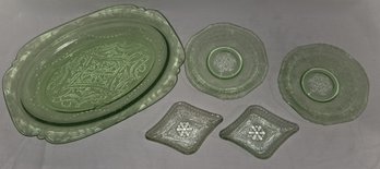 'Madrid' Pattern Federal Glass - Vaseline Platter & Hazel Atlas Green Florentine Plates- Vintage
