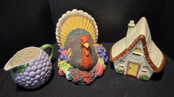 Sierra Vista 1953 House Cookie Jar, Resin Turkey & Ceramic Pitcher