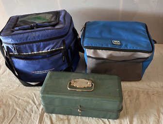 2 Insulated Lunch Food Travel Bags & Metal Cash Or Tool Box