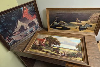 3 Pcs Vintage Factory Regional Art Prints Farm & Country Scenes On Boards, Framed See Pics For Artist & Size