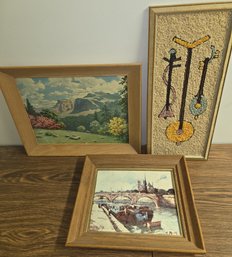 3 Pcs Vintage Art Factory Prints & MCM Mid-century Gravel Wall Hanging Featuring Instruments