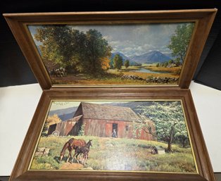 2 Pcs Vintage Factory Art Prints On Boards, Framed - See Pics For Titles, Artists & Sizes