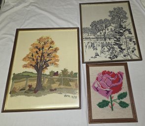 3 Pcs Embroidery Vintage Floral Art - Needlecraft - Framed, 2 Under Glass
