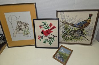 Needlepoint Embroidery 4 Pcs Vintage Nature Theme - Birds Animals - Framed