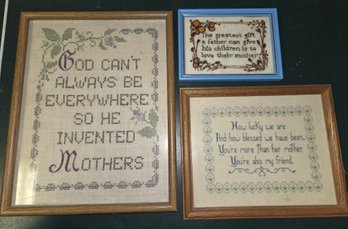 3 Pcs Needlepoint Embroidery Mother Quotes Sayings - Vintage Needlecraft Art, Framed