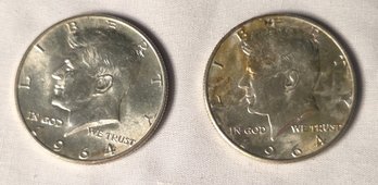 2 Kennedy Silver Half Dollars  50 Cents 1964 Coin Coins