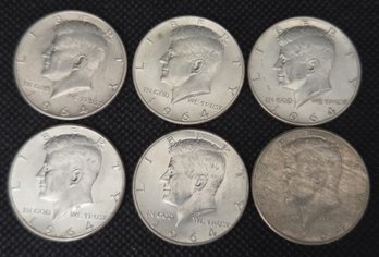 6 Kennedy Silver Half Dollars .50 Cent Coins 1964- 90% Silver